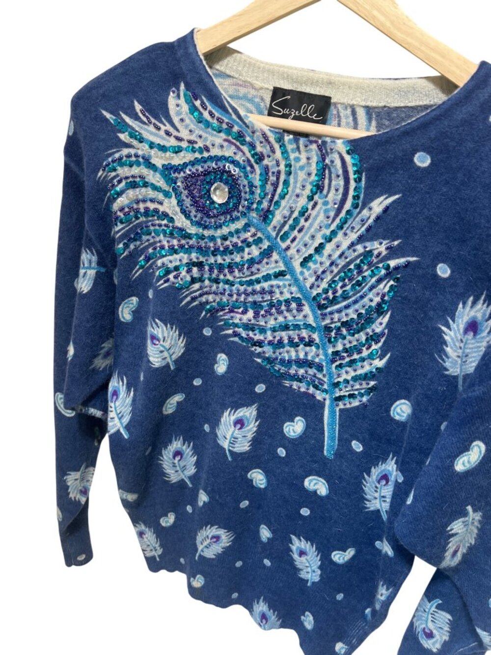 Suzelle NWT Vintage 80's Blue Turquoise Sweater With Peacock Feather Sequin Deta